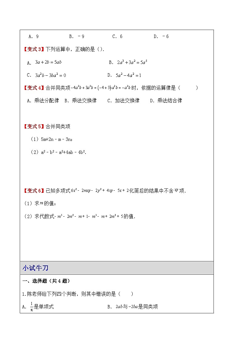 3.3整式的加减（合并同类项）（讲义）（暑期小升初衔接）  2024—2025学年苏科版数学七年级上册第3页