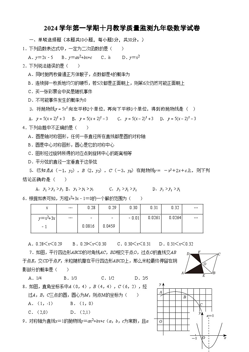 浙江省温州市乐清英华学校2024-2025学年九年级上学期10月月考数学试题第1页