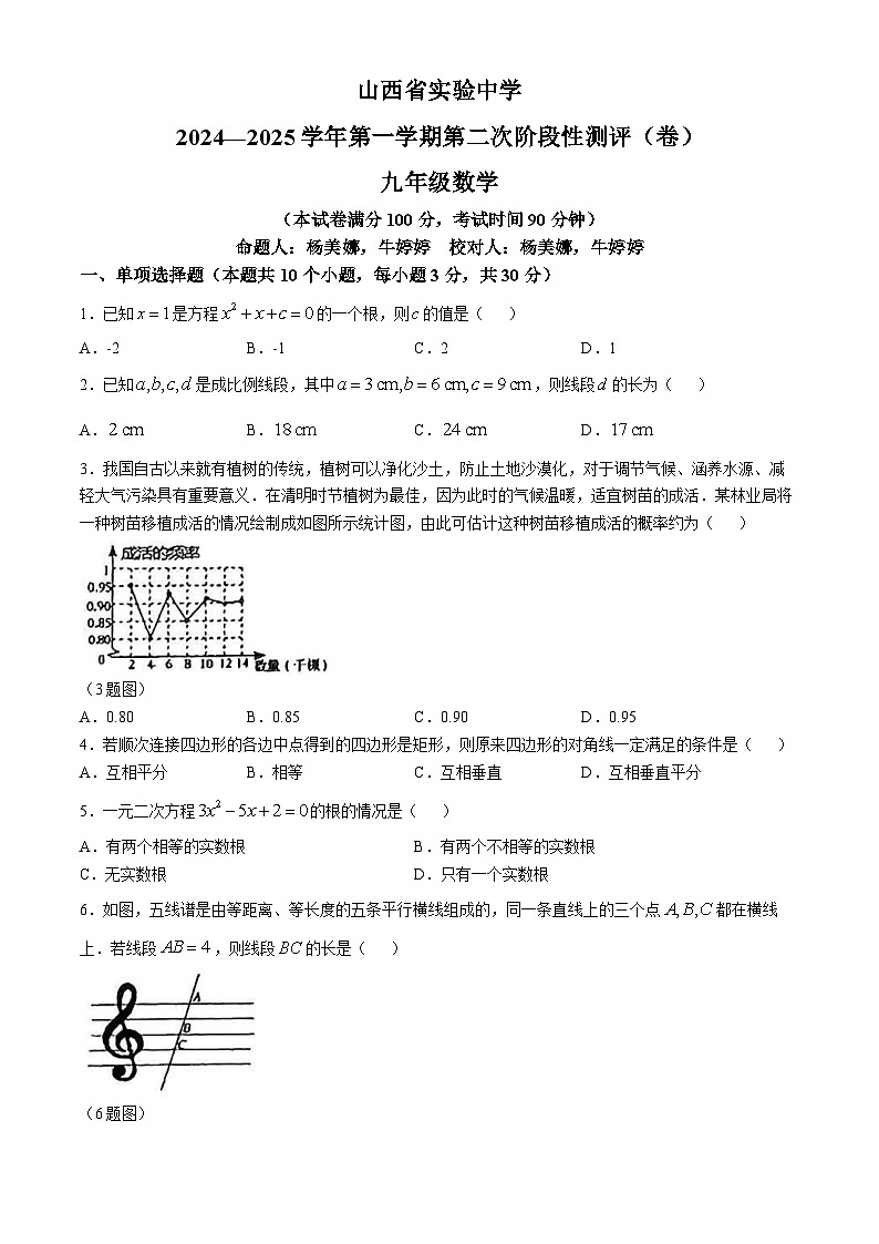 山西省太原市杏花岭区山西省实验中学2024-2025学年九年级上学期10月月考数学试题01