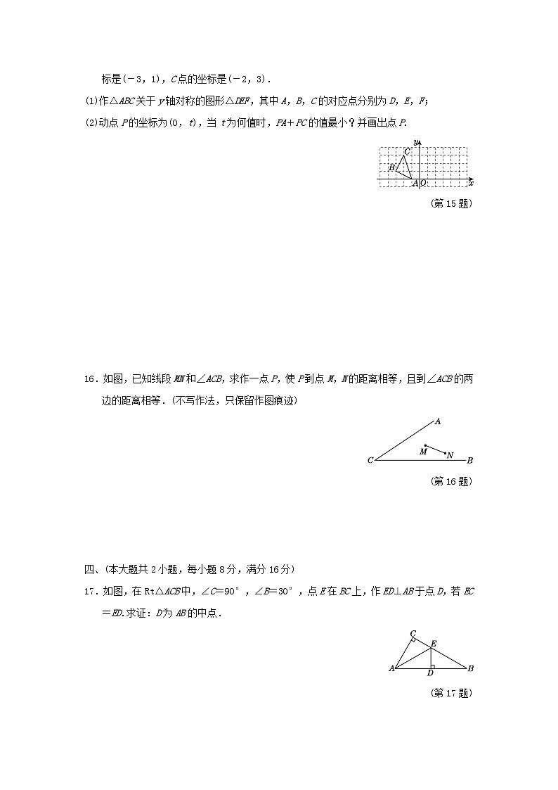 安徽省2024八年级数学上册第15章轴对称图形和等腰三角形学情评估试卷（附答案沪科版）第3页