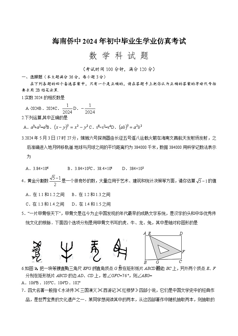 海南华侨中学2024届九年级下学期中考模拟预测数学试卷(含答案)第1页
