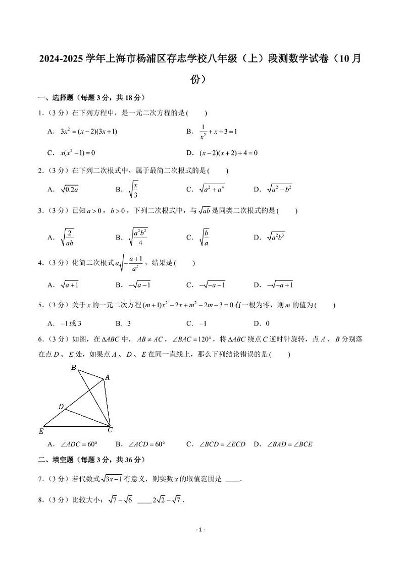 2024-2025学年上海市杨浦区存志学校八年级（上）段测数学试卷（10月份）第1页