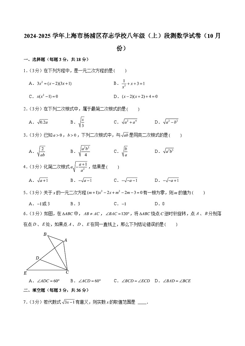 2024-2025学年上海市杨浦区存志学校八年级（上）段测数学试卷（10月份）（含解析）第1页