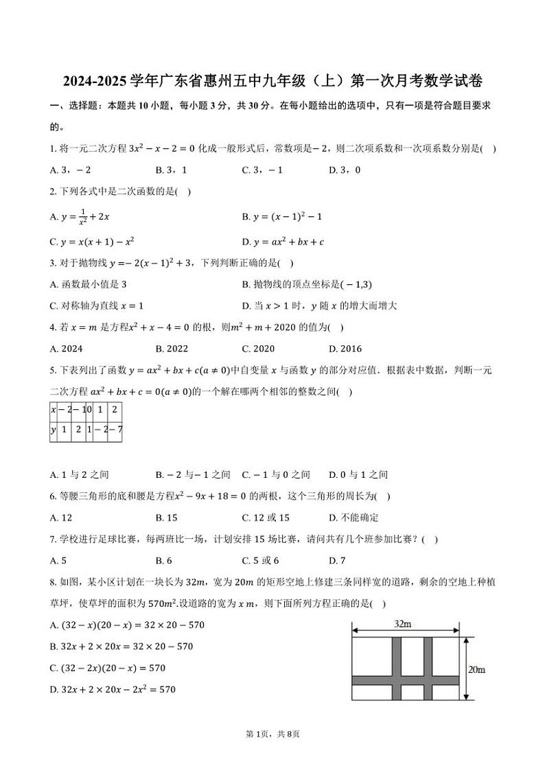 2024～2025学年广东省惠州五中九年级（上）第一次月考数学试卷（含答案）01