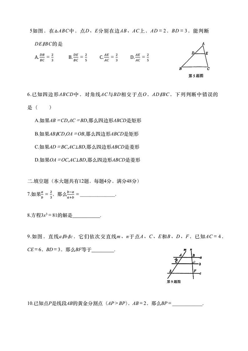 上海市嘉定区中科院上海实验学校2024～2025学年九年级上学期第一次月考数学试卷（无答案）第2页
