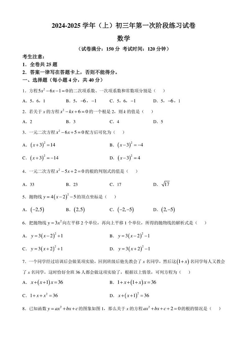 福建省厦门双十中学海沧附属学校2024—2025学年上学期九年级第一次阶段月考数学试卷 (无答案)第1页