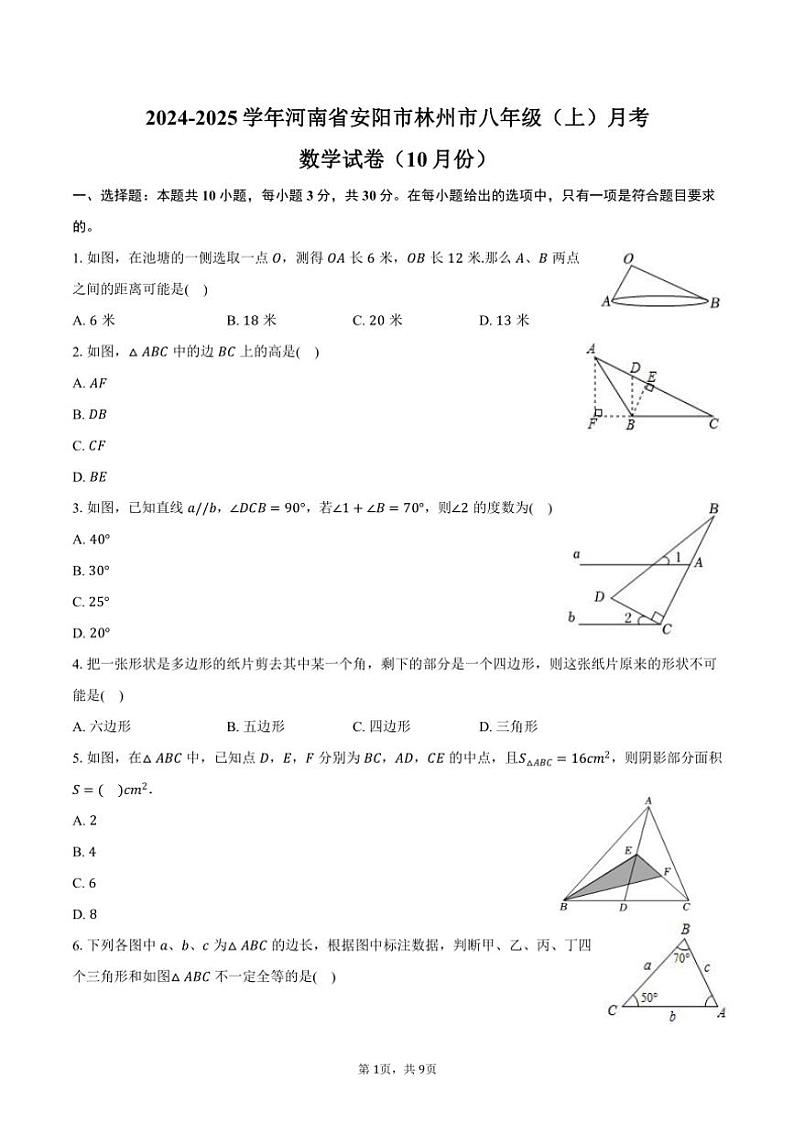 2024～2025学年河南省安阳市林州市八年级（上）月考数学试卷（10月份）（含答案）第1页