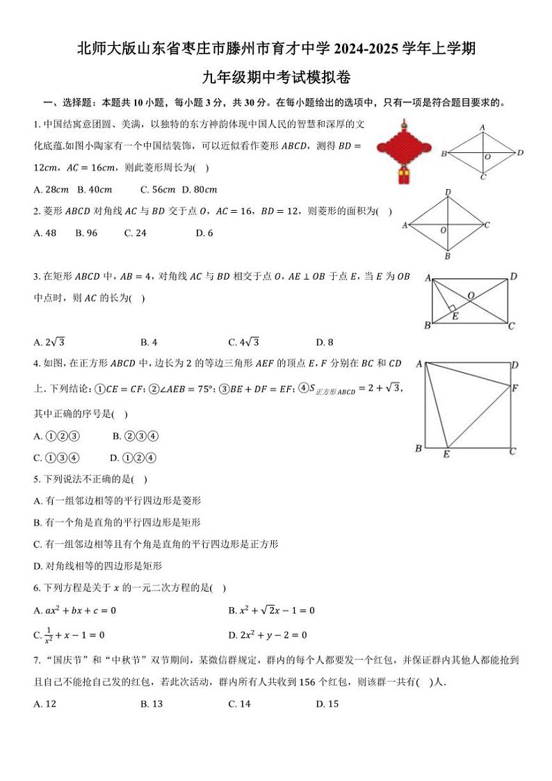 山东省枣庄市滕州市滕州育才中学2024～2025学年九年级上学期北师大版数学期中考试模拟卷(无答案)第1页