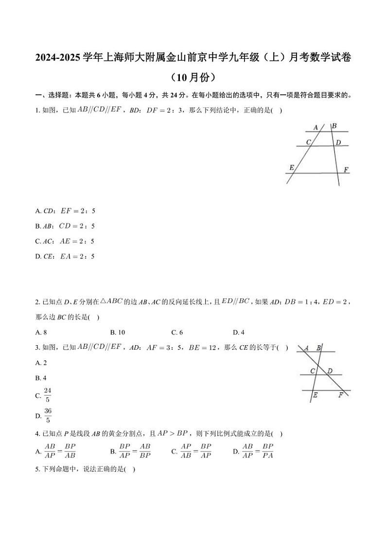 上海师范大学附属金山前京中学2024～—2025学年上学期九年级10月月考数学试卷（含答案）第1页