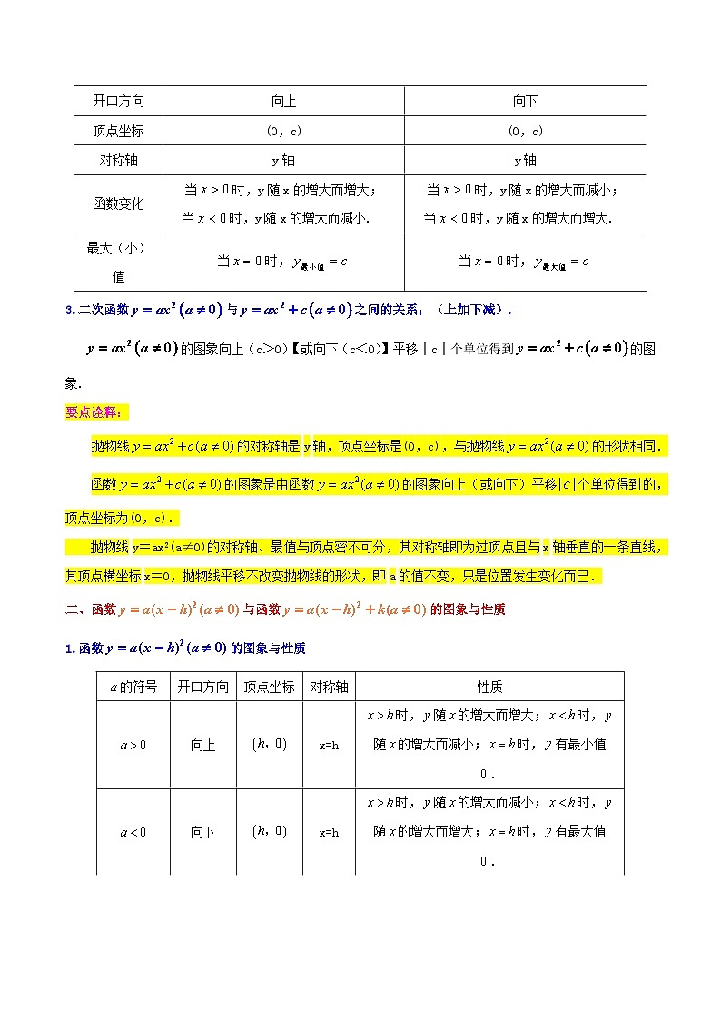 浙教版九年级数学核心知识点与常见题型通关讲解练第02讲二次函数y=ax^2＋c(a≠0)与y=a(x-h)^2＋k(a≠0)的图象与性质(原卷版+解析)02