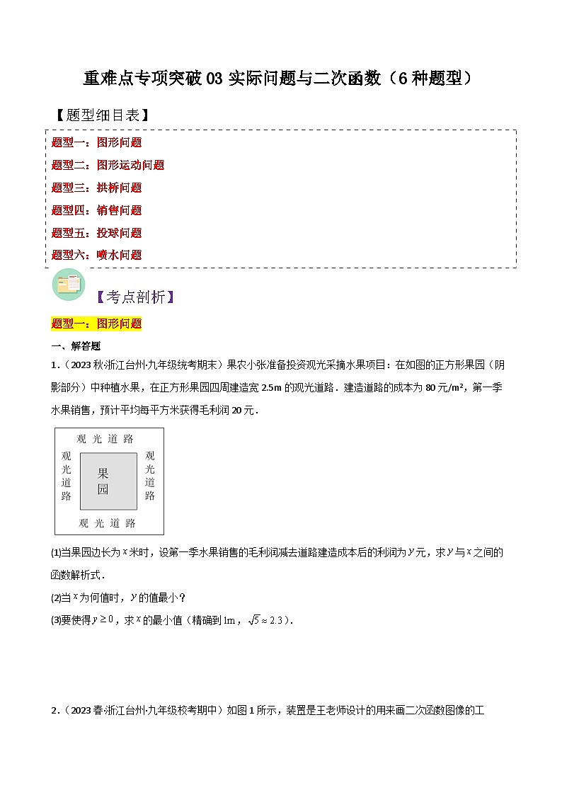 浙教版九年级数学核心知识点与常见题型通关讲解练重难点专项突破03实际问题与二次函数(6种题型)(原卷版+解析)01