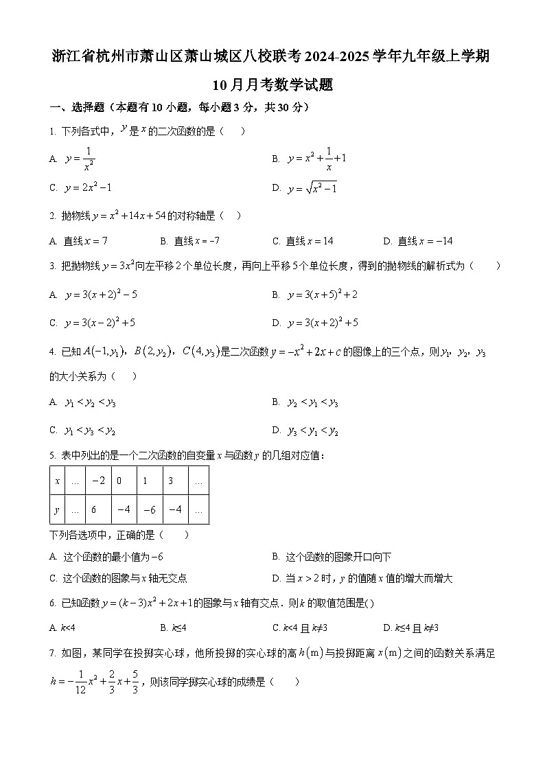 浙江省杭州市萧山区萧山城区八校联考2024-2025学年九年级上学期10月月考数学试题第1页