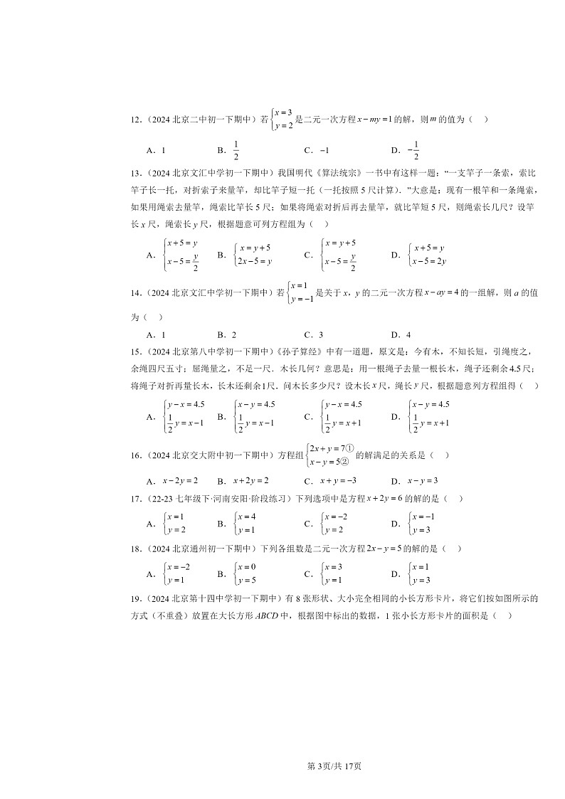 2024北京重点校初一下学期期中数学真题分类汇编：二元一次方程组章节综合（选择题）第3页