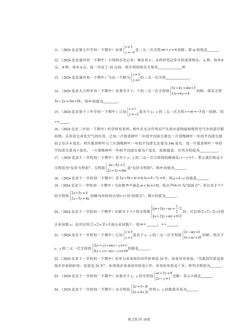 2024北京重点校初一下学期期中数学真题分类汇编：二元一次方程组章节综合（京改版）（填空题）第2页