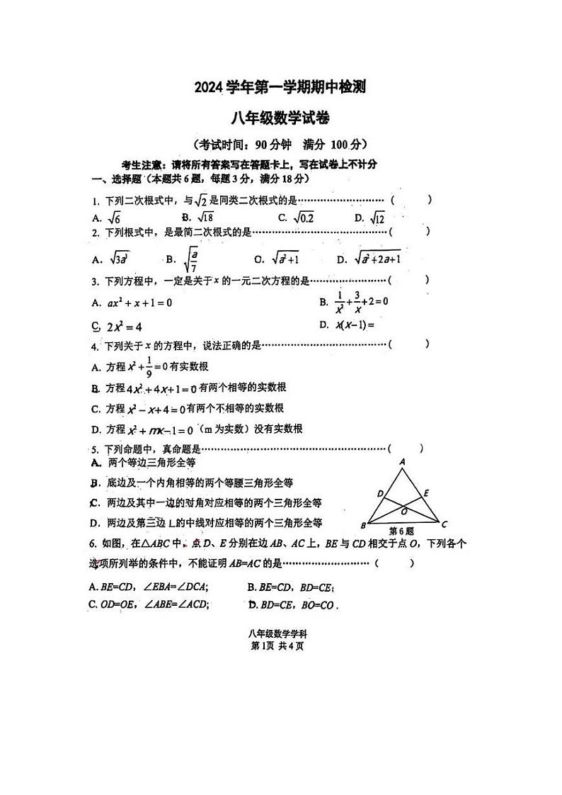 上海交通大学第二附属中学2024-2025学年八年级上学期数学期中试卷第1页