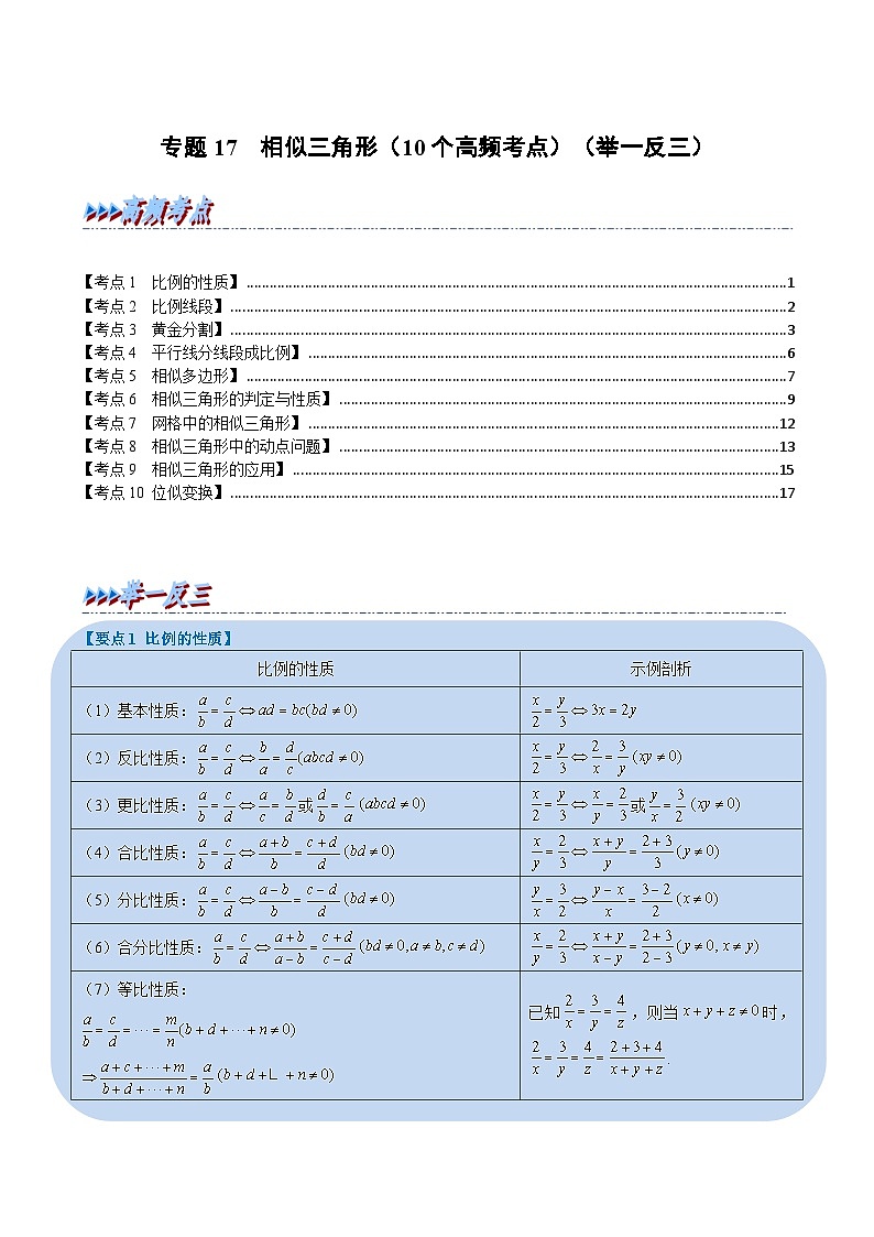 中考数学总复习举一反三系列(通用版)专题17相似三角形(10个高频考点)(原卷版+解析)第1页