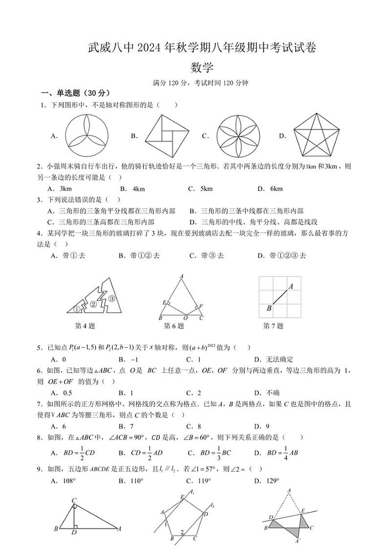 甘肃省武威市凉州区武威第八中学2024～2025学年八年级上学期10月期中数学试题（含答案）第1页