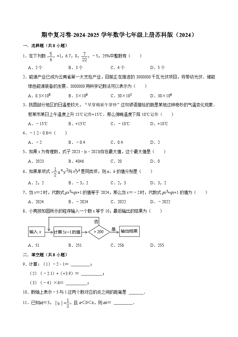 2024-2025学年苏科版七年级数学上册期中复习卷第1页