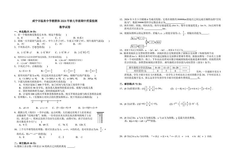咸宁市温泉中学教联体2024年秋七年级期中质量检测第1页