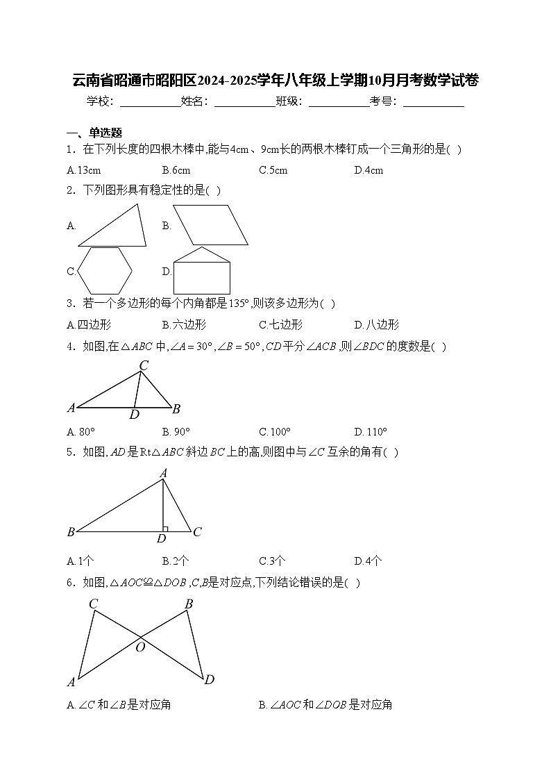 云南省昭通市昭阳区2024-2025学年八年级上学期10月月考数学试卷(含答案)第1页