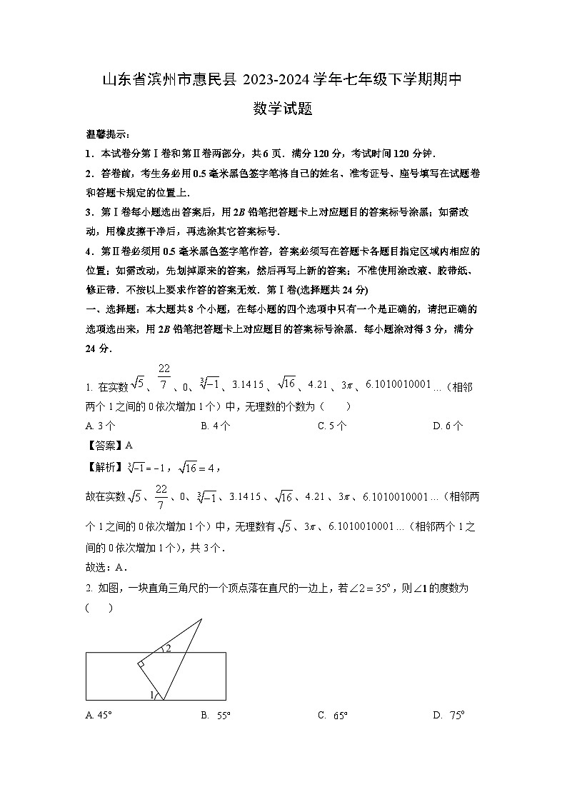 山东省滨州市惠民县2023-2024学年七年级下学期期中数学试卷（解析版）第1页