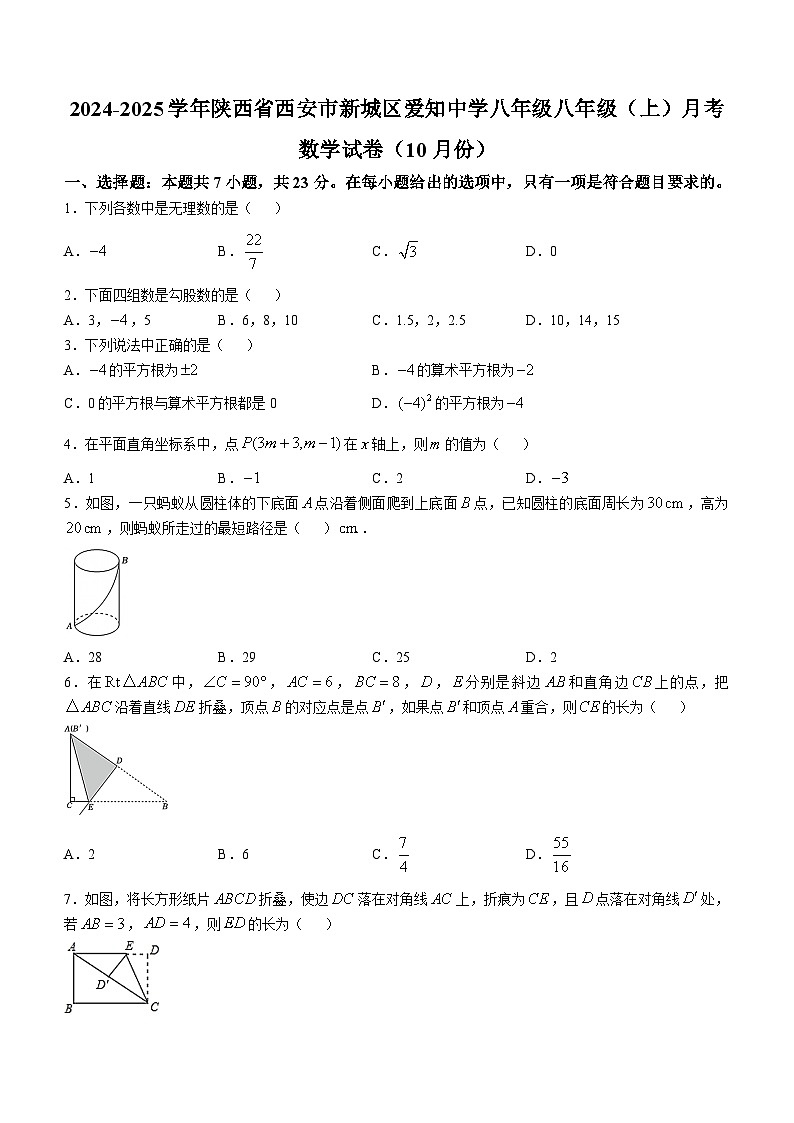 陕西省西安市新城区西安爱知初级中学2024-2025学年八年级上学期月考数学试卷（10月份）01