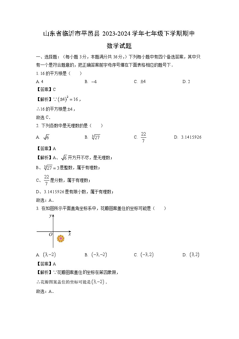 山东省临沂市平邑县2023-2024学年七年级下学期期中数学试卷(解析版)01