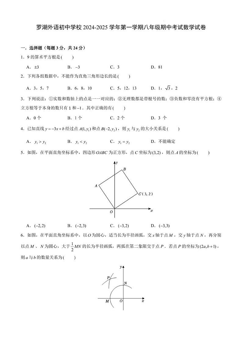 深圳罗湖外语初中学校2024年上学期八年级期中考试数学试卷+答案第1页