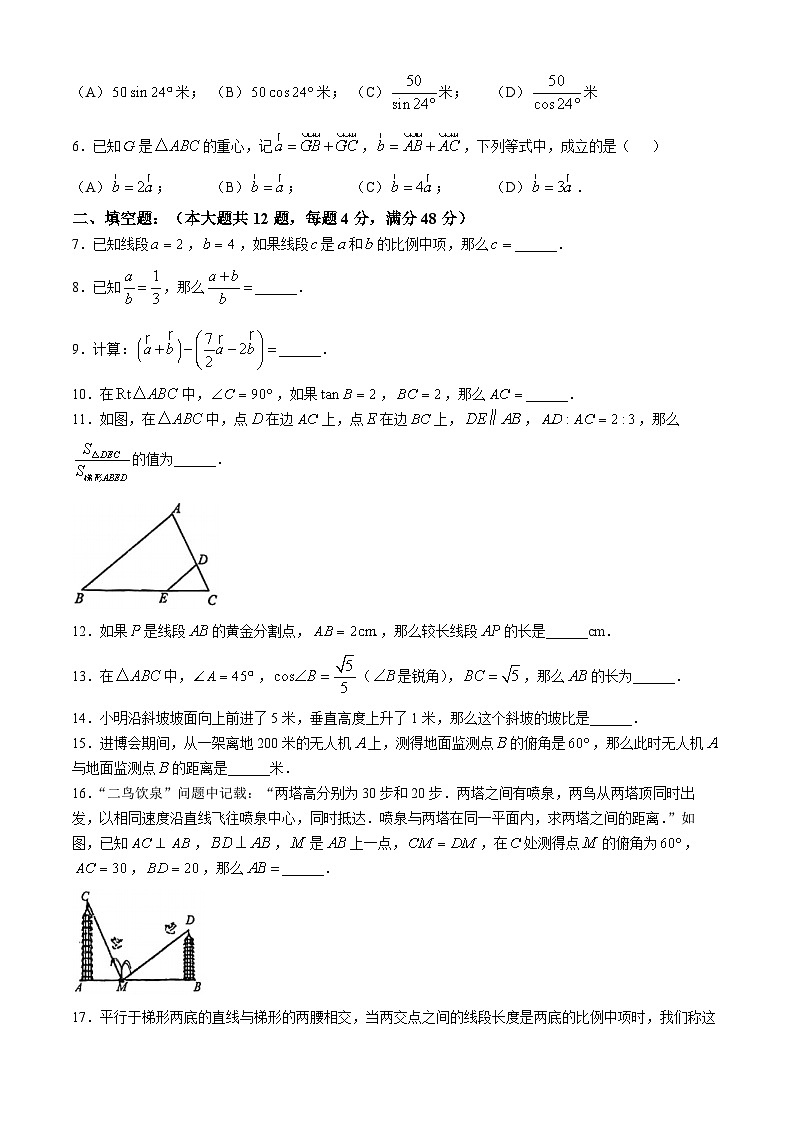 上海市闵行区浦江第一中学2024-—2025学年九年级上学期数学期中考试试卷(无答案)02