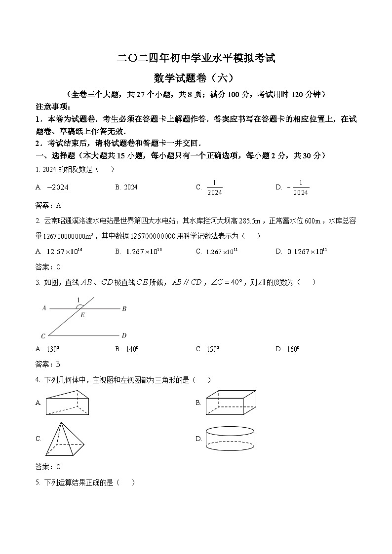 云南省昭通市永善县2024届九年级下学期中考一模数学试卷(含答案)第1页