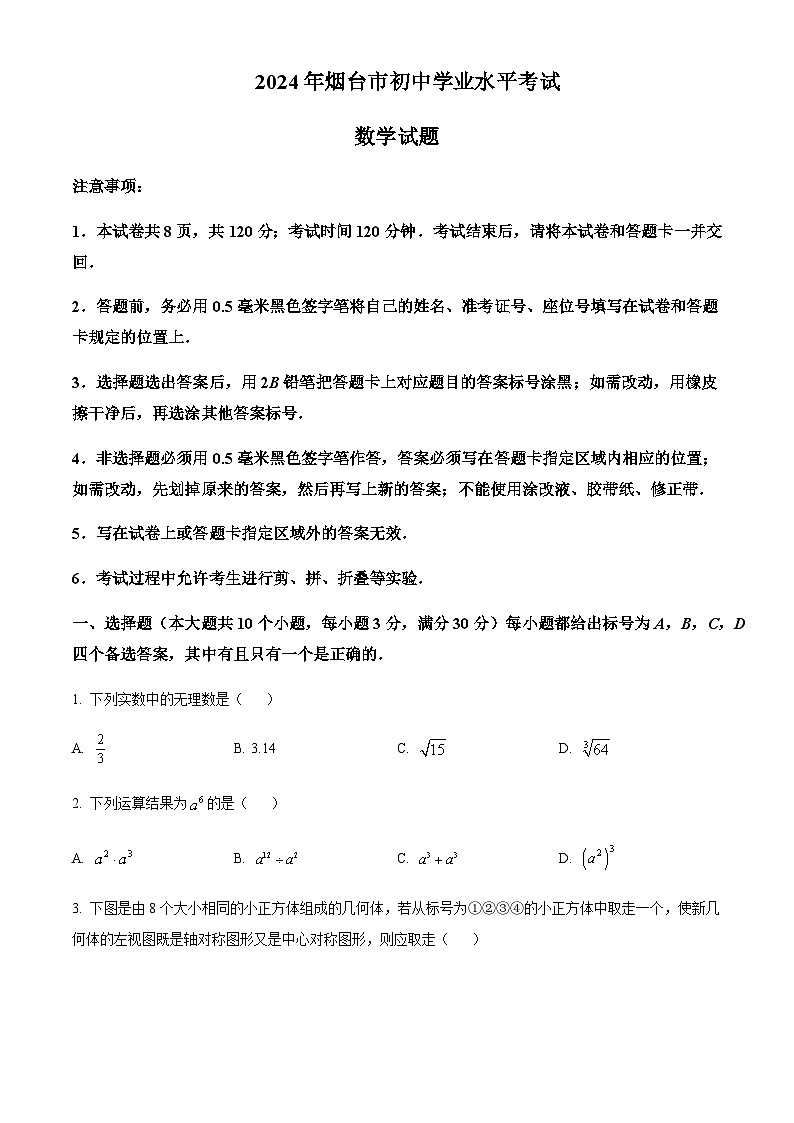 2024年山东省烟台市中考数学试题含答案第1页