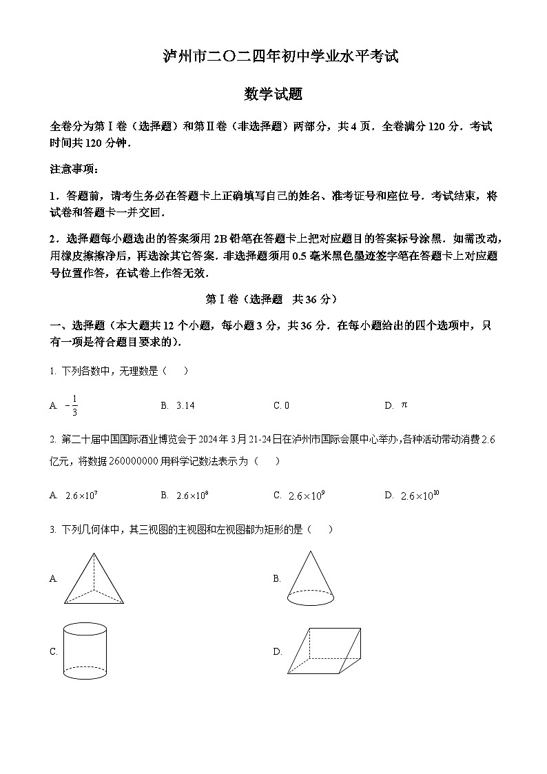 2024年四川省泸州市中考数学试题含答案第1页