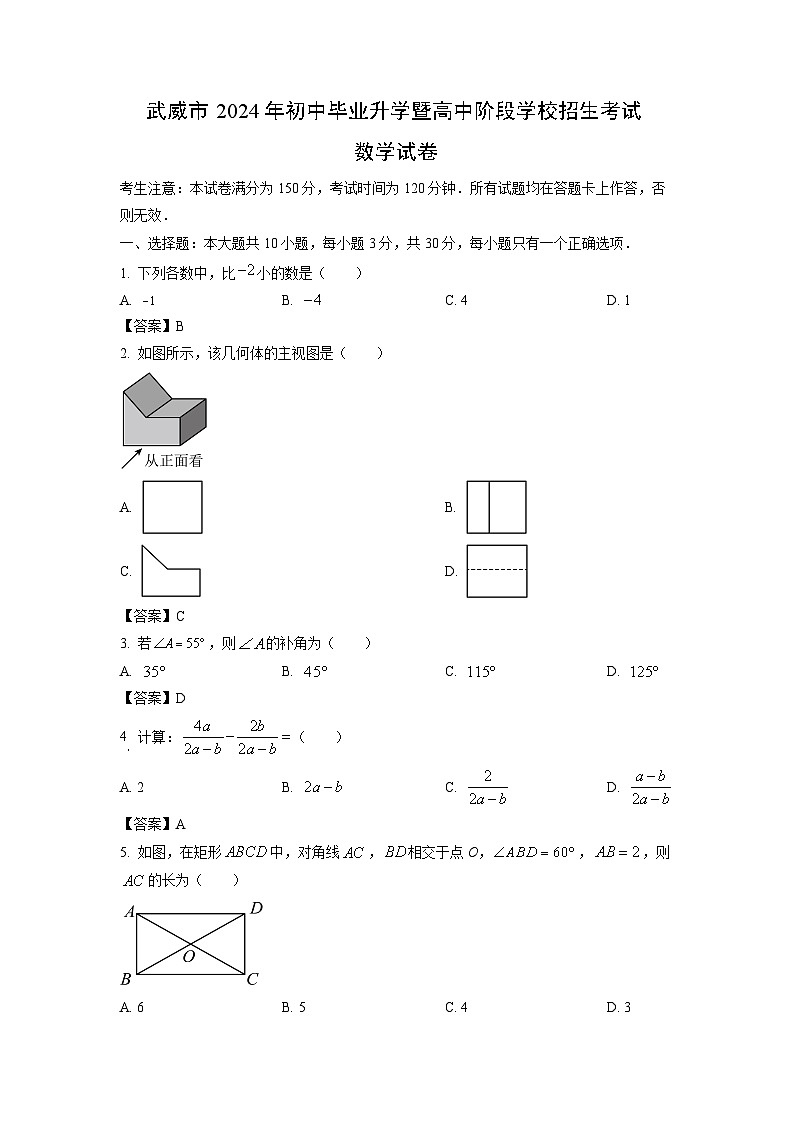 甘肃省武威市2024年中考真题数学试卷01