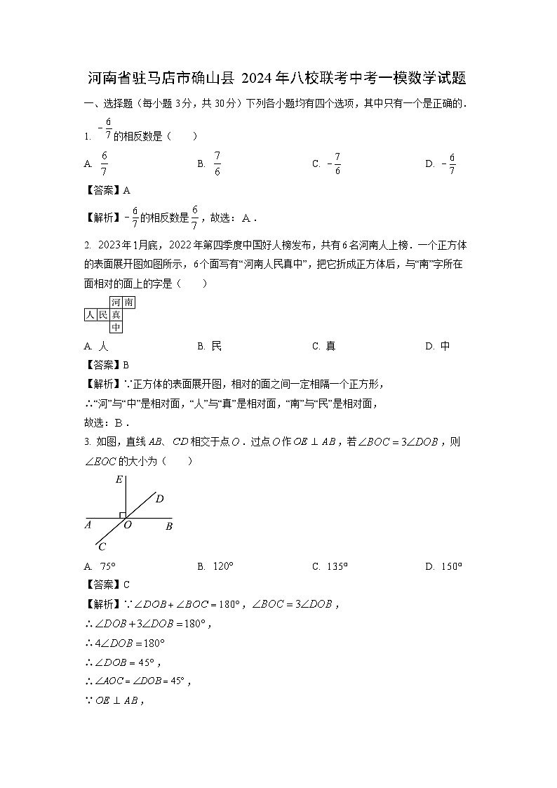 河南省驻马店市确山县2024年八校联考中考一模数学试卷(解析版)第1页