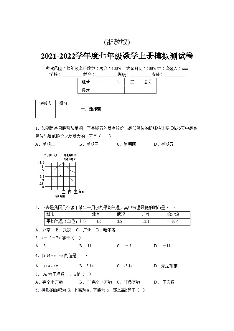 浙教版2021-2022学年度七年级数学上册模拟测试卷  (242)【含简略答案】第1页