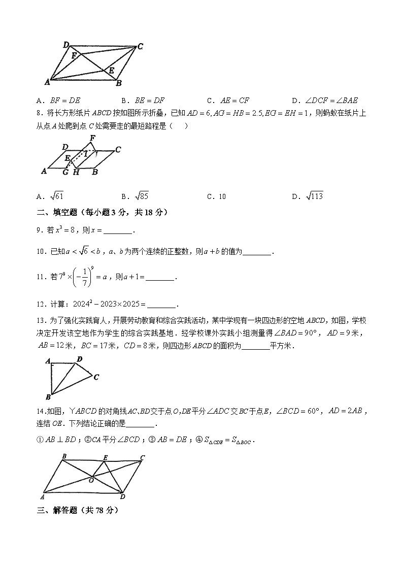 吉林省长春市东北师大附中明珠学校2024-2025学年八年级上学期期中数学测试卷(无答案)第2页
