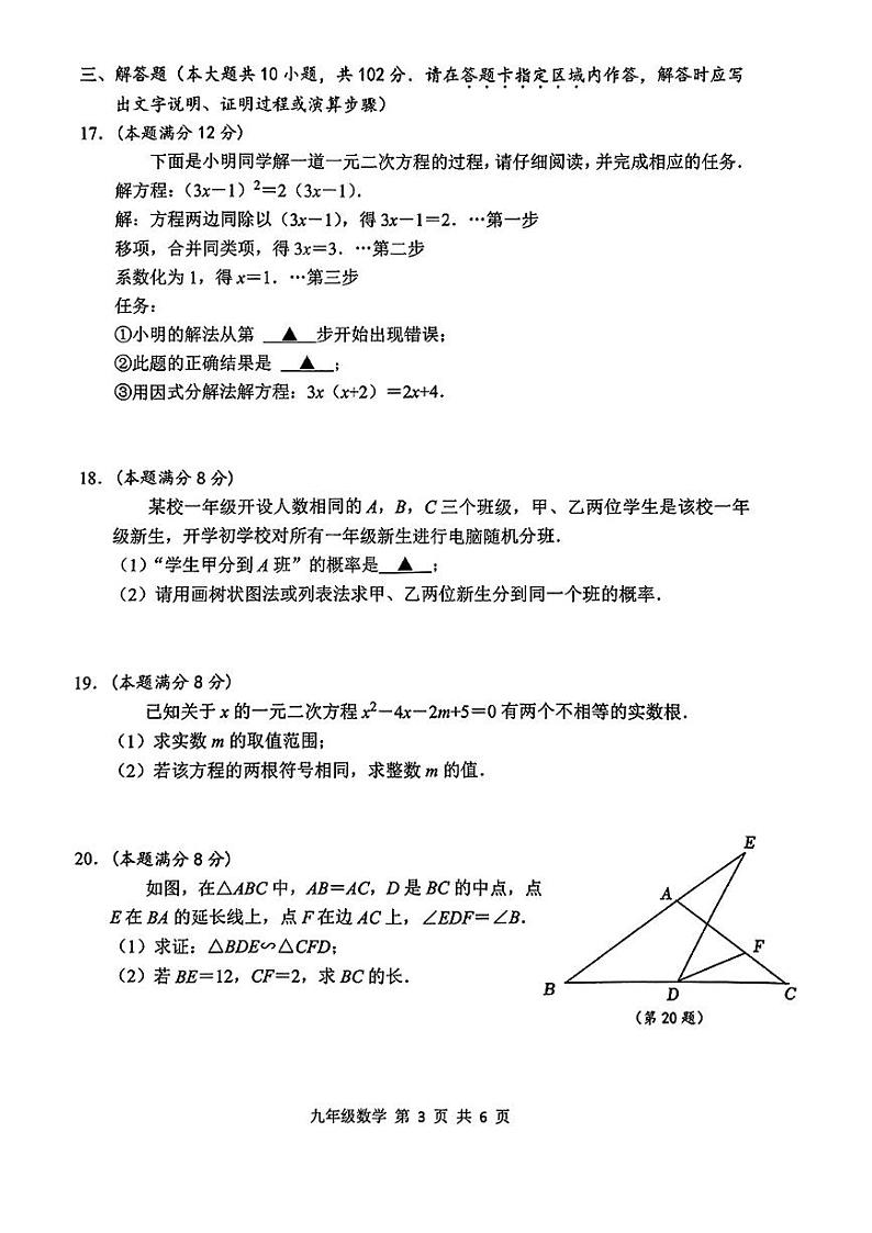 江苏省泰州市姜堰区2024-2025学年九年级上学期期中数学试题第3页
