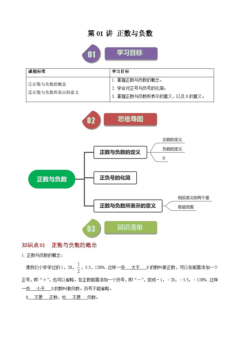 人教版数学七年级上册同步讲义+练习第一章第01讲 正数与负数（解析版）第1页