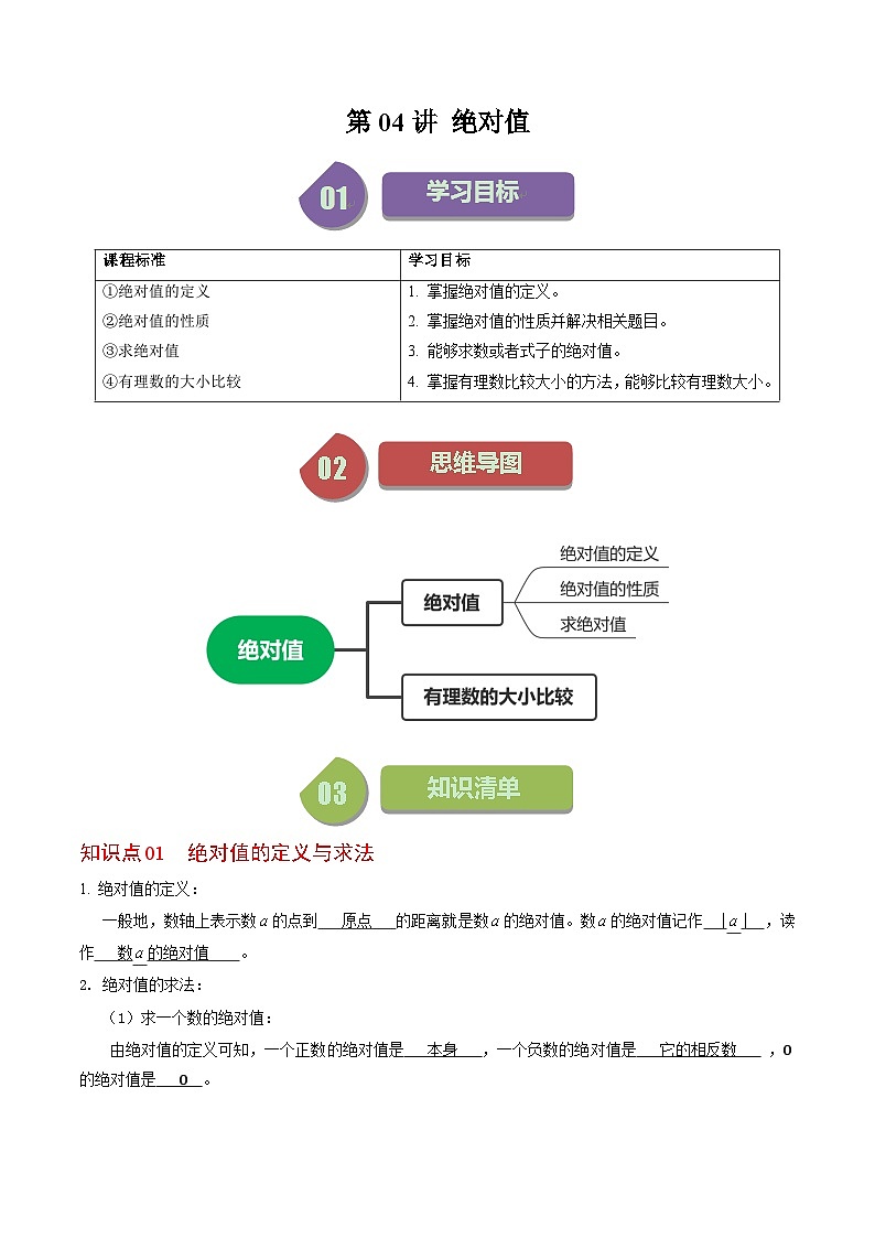 人教版数学七年级上册同步讲义+练习第一章第04讲 绝对值（解析版）第1页