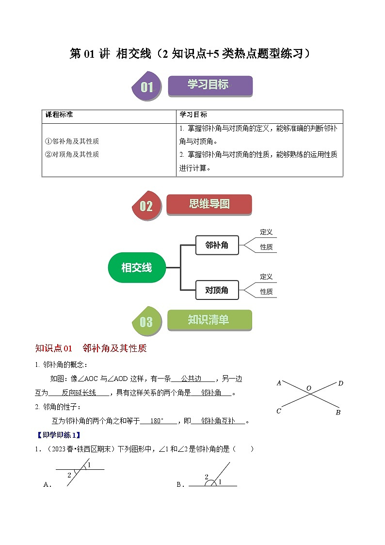 人教版数学七年级下册同步讲义+练习第五章第01讲 相交线（2个知识点+5类热点题型讲练+习题巩固）（解析版）第1页