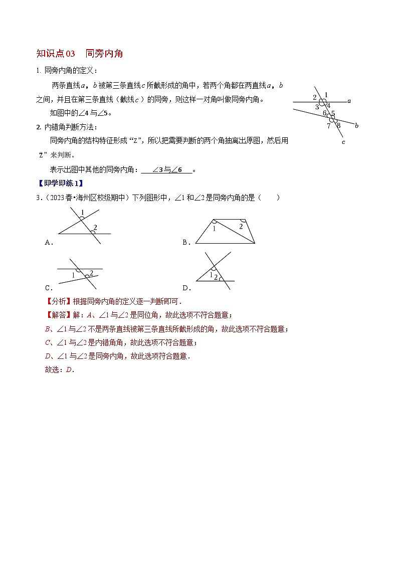 人教版数学七年级下册同步讲义+练习第五章第03讲 同位角、内错角、同旁内角（3个知识点+4类热点题型讲练+习题巩固）（解析版）第3页