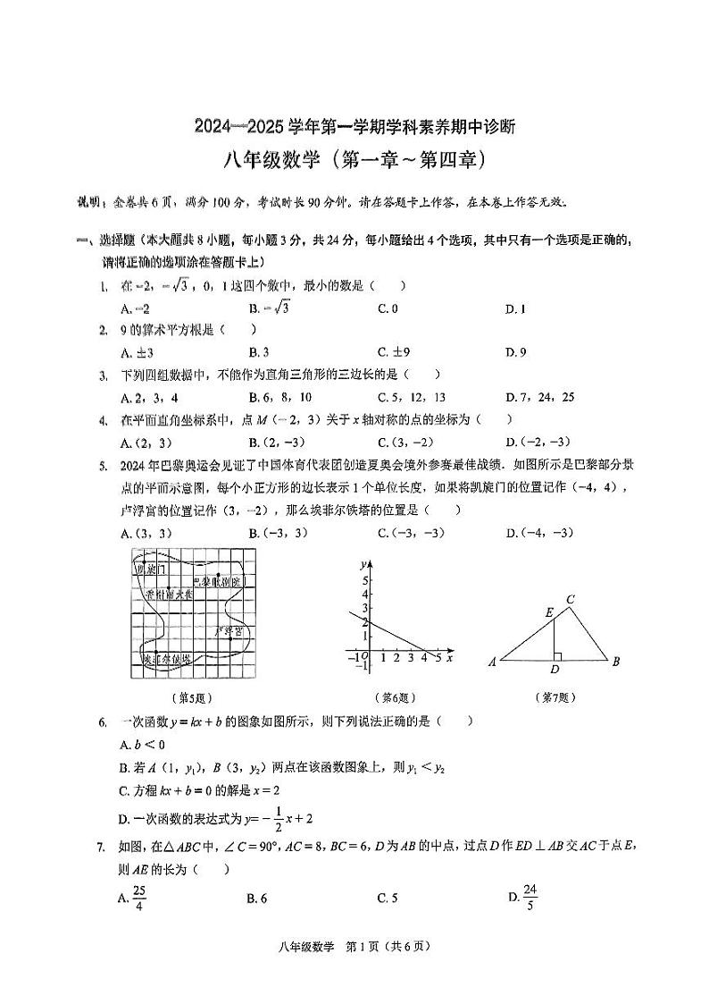 深圳33校联考八年级期中数学2024—2025学年第一学期学科素养第1页