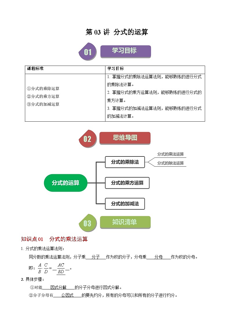 2024年人教版数学八年级上册同步讲义第十五章第03讲 分式的运算（2份，原卷版+解析版）01