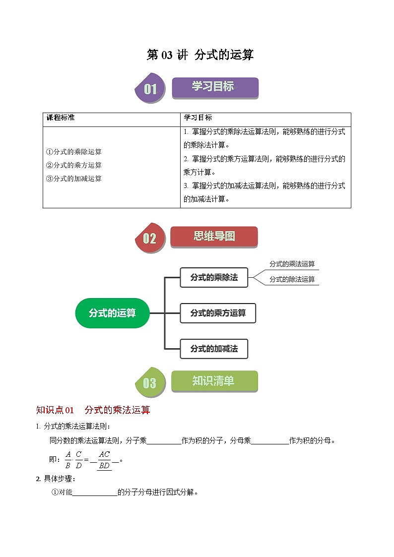 2024年人教版数学八年级上册同步讲义第十五章第03讲 分式的运算（2份，原卷版+解析版）01