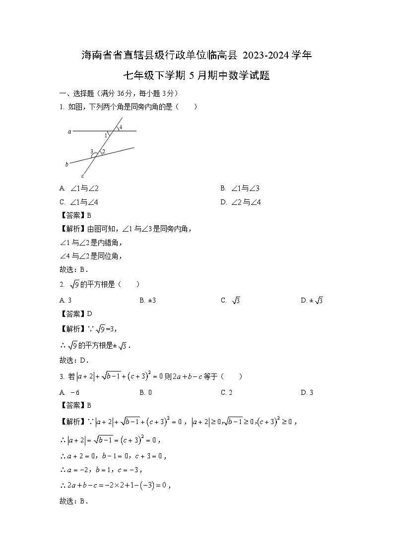 海南省省直辖县级行政单位临高县2023-2024学年七年级下学期5月期中数学试卷(解析版)第1页