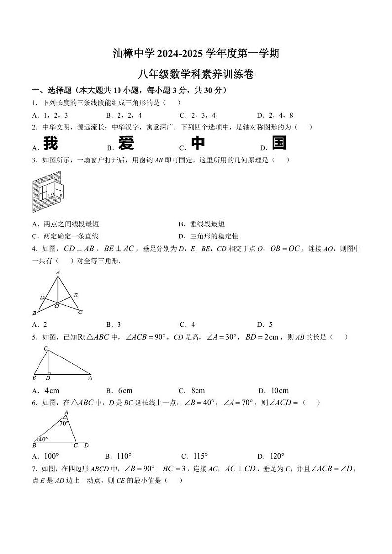 广东汕头汕樟中学2024年八年级上学期11月期中考试数学试题01