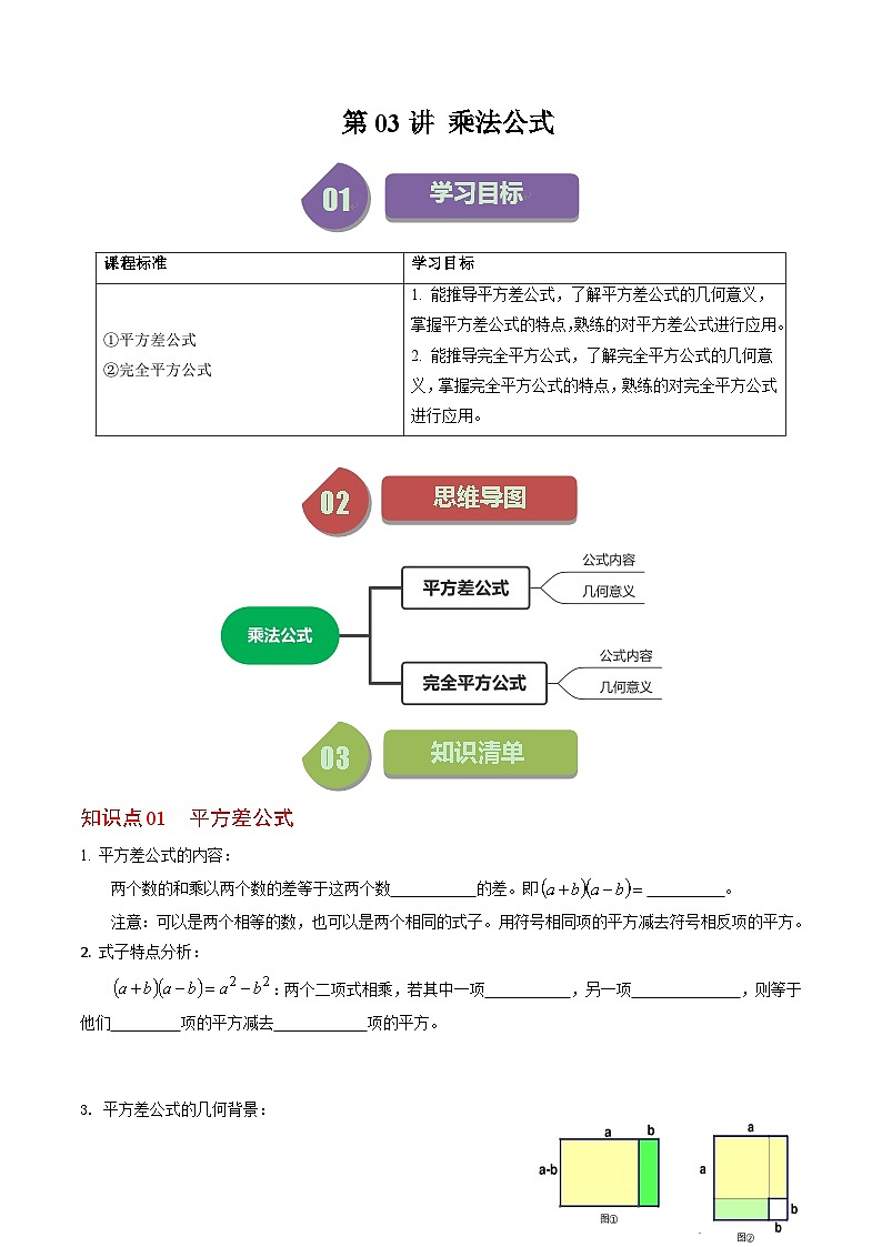 2024年人教版数学八年级上册同步讲义第十四章第03讲 乘法公式（原卷版）第1页
