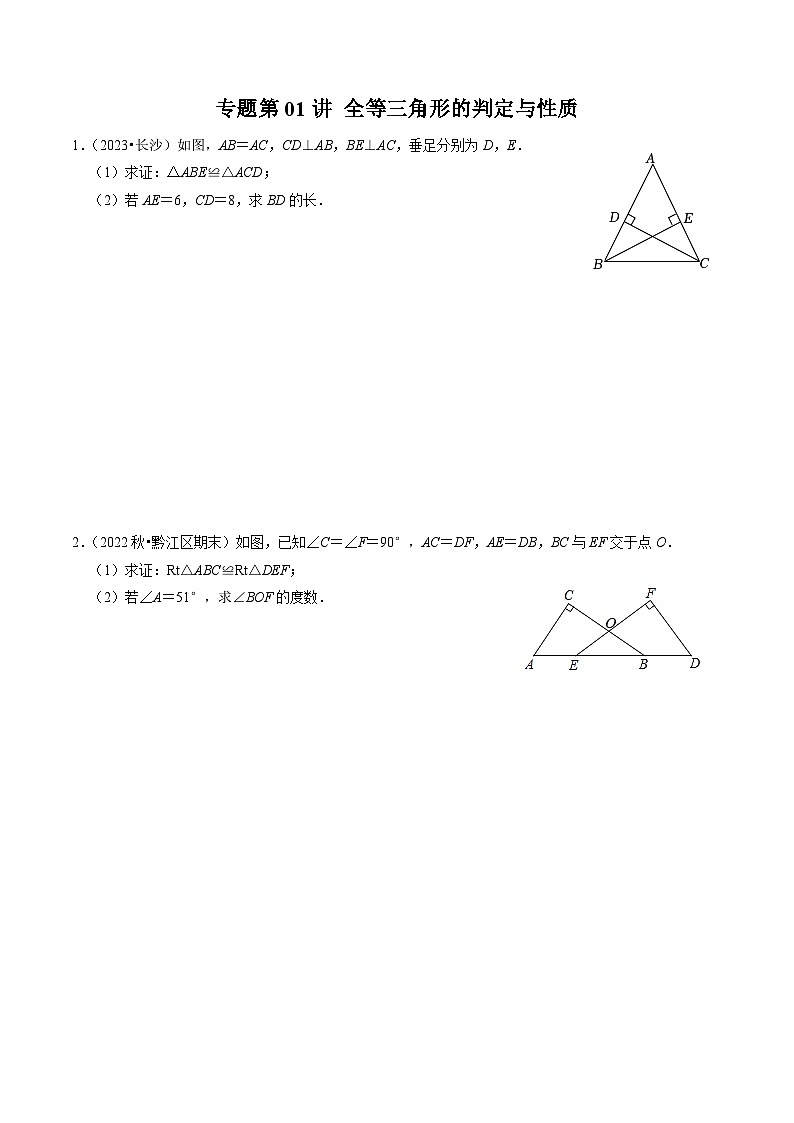 2024年人教版数学八年级上册同步讲义第十二章专题01 全等三角形的判定与性质（30题）（原卷版）第1页