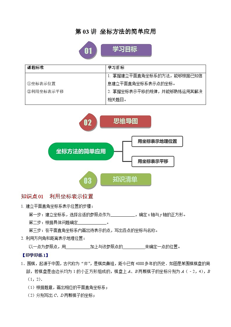 人教版数学七年级下册同步讲义+练习第七章第03讲 坐标方法的简单应用（2个知识点+5类热点题型讲练+习题巩固）（原卷版）第1页