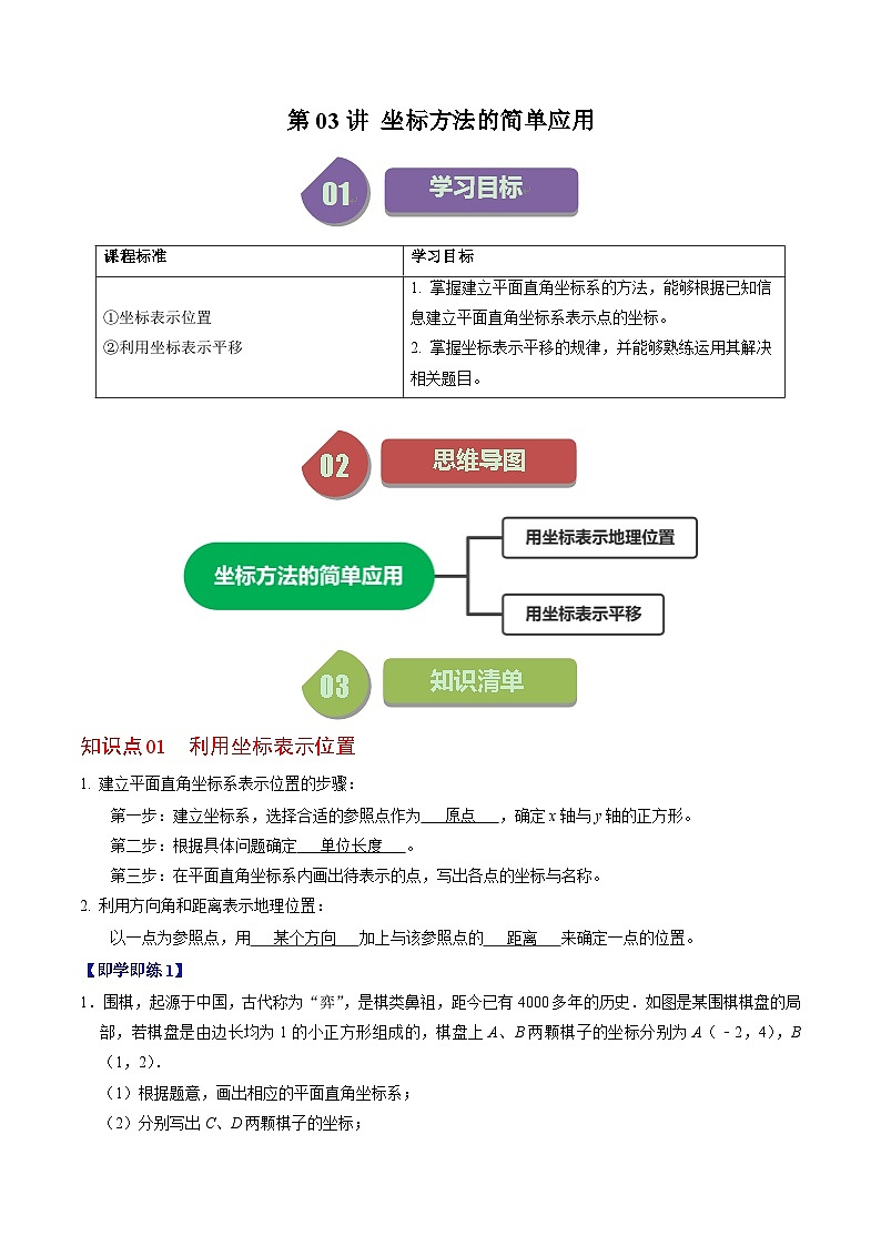 人教版数学七年级下册同步讲义+练习第七章第03讲 坐标方法的简单应用（2个知识点+5类热点题型讲练+习题巩固）（解析版）第1页